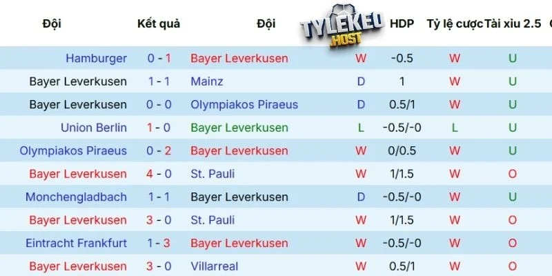 Thành tích 5 lần ra sân mới nhất của Leverkusen