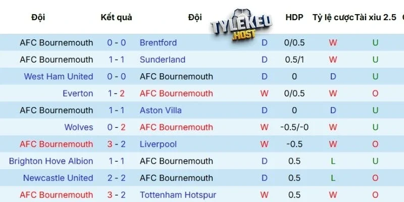 Thành tích ra sân của Bournemouth